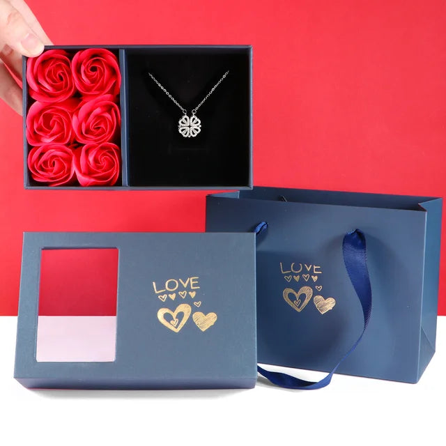 Clover heart necklace with eternal rose giftbox