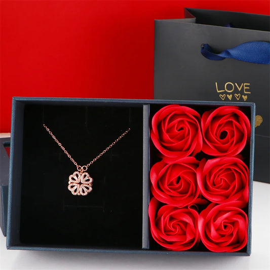 Clover heart necklace with eternal rose giftbox